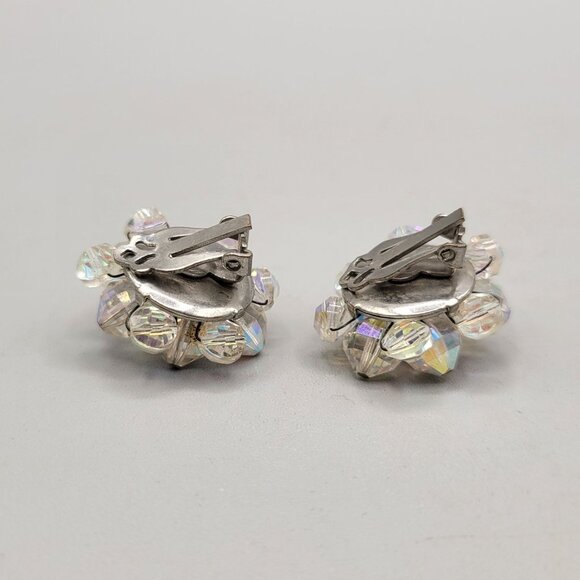 Vintage Clip On Earrings Aurora Borealis Bi-Cone Beads Lightweight Shimmery - Picture 3 of 4